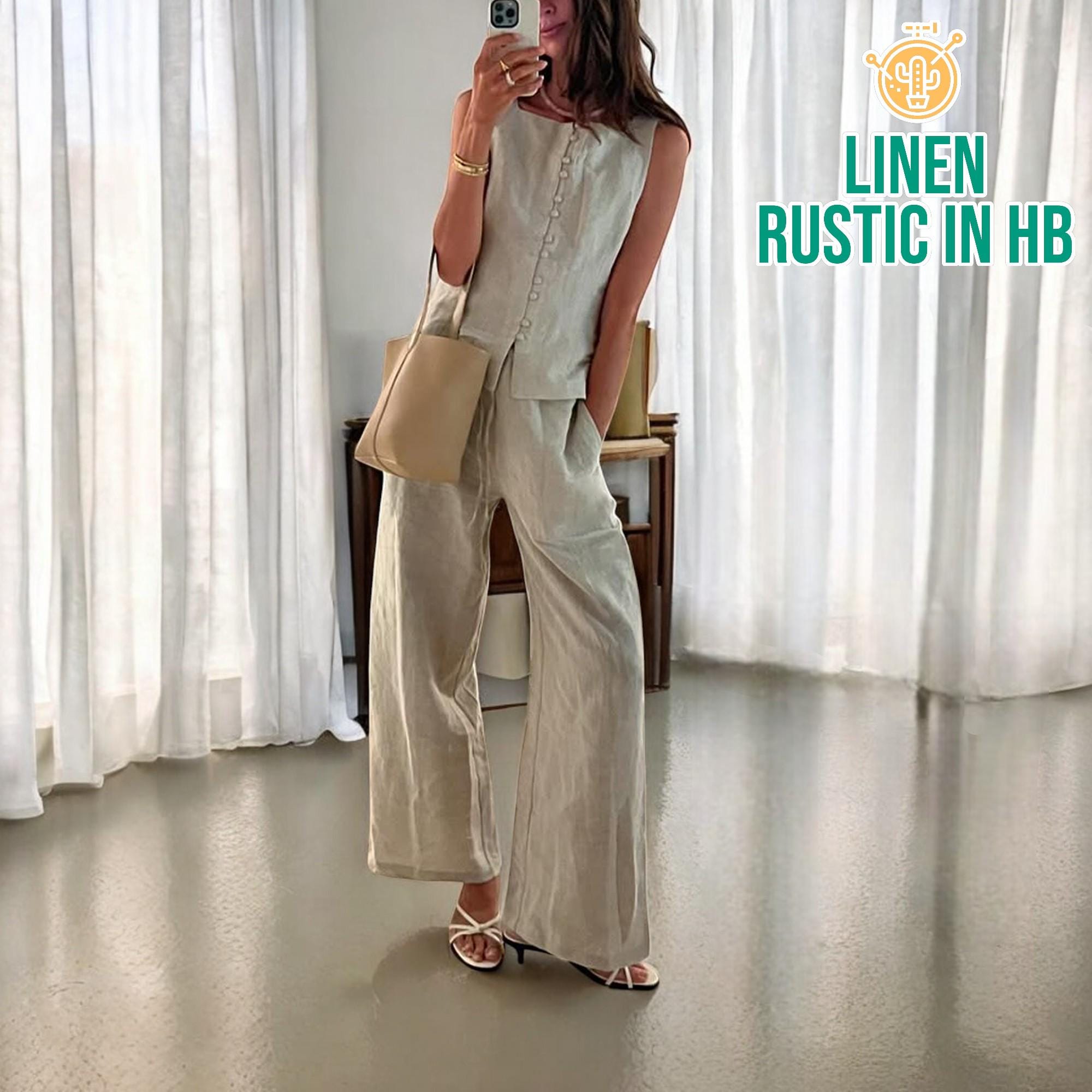 Linen Summer Top And Pants Set, Sleeveless Top, Button Front Tank, High Waist Trousers, Elastic Pants, Wide Leg Pants Women, 2 Piece Set