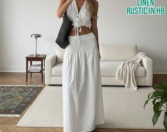 Conjunto bohemio de lino para verano, camiseta sin mangas y falda larga, conjunto de dos piezas a juego, blusa vintage, vestido bohemio de verano, falda larga holgada.