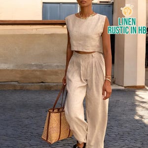 Leinen Tank Top und Hosen Set, lockeres Frauen Shirt, Hose mit hoher Taille, Büro Set, ärmelloses Crop Top, Frauen Bluse, Sommerhose, Frauen Top