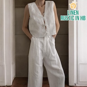 Tie Front Linen Top And Summer Pants, Women Sleeveless Shirt, Women Trousers Pockets, Matching Set, Casual Set, V Neck Blouse,Wide Leg Pants
