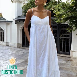 White Linen Maxi Dress, Summer Beach Dress, Backless Straps Dress, Full Length Dress, Sweetheart Neck Dress, Long Linen Dress,Tie Back Dress