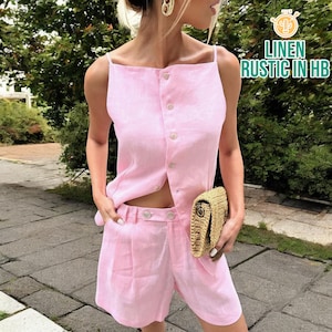 Leinen Zweiteiler Set, Leinen Tank Top, Top mit V-Ausschnitt, Top mit Knopfleiste, Damen Shorts, Shorts mit hoher Taille, ärmelloses Crop Top, Leinen Loungewear