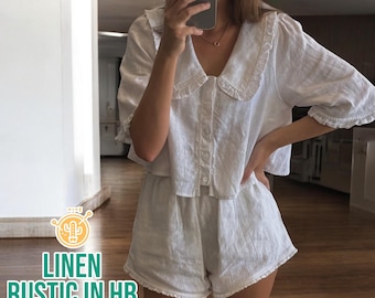 Linen Shirt And Shorts Set, Women Pajama Set, Short Sleeves Top, High Waisted Shorts, Summer Set, Elastic Waist Shorts, Women PJs Bridesmaid