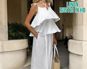 Elegant Linen Top And Pants Set, Summer Sleeveless Top, Wide Leg Pants, Crisscross Top, Loose Women Shirt, Summer Beach Set,Linen Office Set