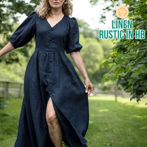 Midi Linen Dress, Button Up Dress, Long Dress, Summer Dress, Puffy Short Sleeve Dress, Loose Fit Dress, Shirt Dress, V Neck Dress,Maxi Dress