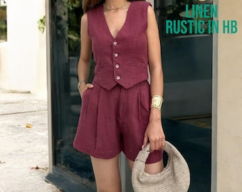 Linen Waistcoat And Shorts, Two Piece Set Women, Shirt Shorts Suit, Sleeveless Top, Hight Waist Short, V Neck Top, Women Vest, Linen Suit