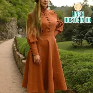 Herfstjurk met lange mouwen, jurk met hoge kraag, Victoriaanse midi-jurk, lange vintage jurk, retro jurk, knoopjurk, linnen jurk, zomer jaren 60