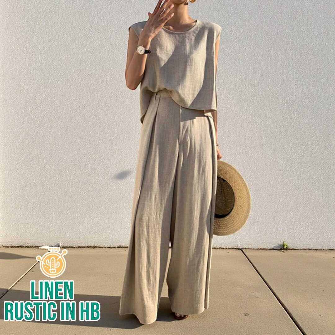 Loose Linen Set Women Sleeveless Top And Wide Leg Pants High Waist loose-linen-set-women-sleeveless-top-and-wide-leg-pants-high-waist