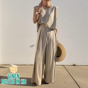 Conjunto de lino holgado para mujer: top sin mangas y pantalón ancho, pantalón de cintura alta, camisa, conjunto informal y formal, blusa a juego de talla grande.