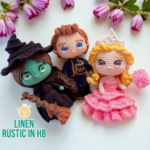 Glinda Elphaba Amigurumi Dolls, Wicked Crochet, Green Witch Doll, Handmade Toy, Fairy Tale Plush Doll, Birthday Gift For Kid, Halloween Doll