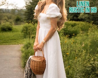 Summer Vintage Linen Dress, Short Puffy Sleeve Dress, Midi Dress, Loose Fit Dress, Tie Back Dress, Long Retro Dress,Square Neck Linen Dress