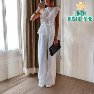 Tiered Linen Top And Pants Set, Women Summer Loose Top, Sleeveless Blouse, High Waist Trousers, Wide Leg Pants,Office Clothing,Summer Outfit