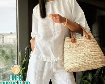 Loose Linen Top Pants Set, Summer Loose Shirt, Women Blouse, Short Sleeve Blouse, Elastic Waist Pants, Drawstring Pants, Wide Leg Trousers