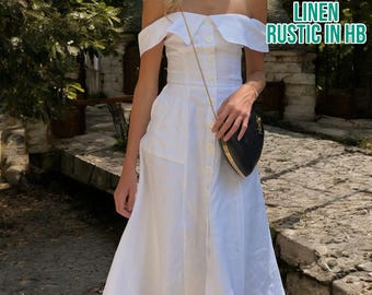 Off-shoulder Linen Dress, Vintage Women Dress, Long Midi Dress, Button Front Dress, Elastic Dress, Summer Sundress,Elegant Dress With Pocket