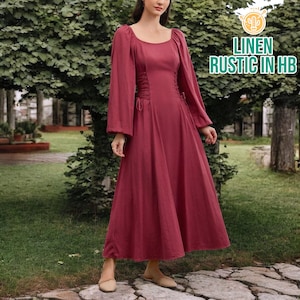 Linen Corset Maxi Dress, Long Sleeve Dress, Cottagecore Dress, Retro Vintage Dress, Bridesmaid Wedding Dress, Loose Linen Dress, Boat Neck