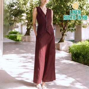 Summer Women Linen Set, Women Waiscoat, Wide Leg Pants, Summer Tank Top, Women Trousers, Matching Set, Women Vest Top, Sleeveless Button Top