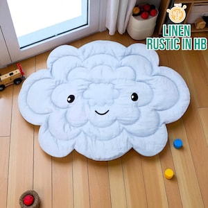 Cloud Shape Linen Baby Play Mat, Quilted Play Rug, Round Play Mat, Baby Floor Mat, Organic Play Mat, Natural Linen Floor Mat, Nursery Rug