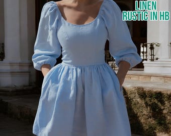 Linen Short Dress Beat Neck, Linen Mini Dress, Linen Sundress, Women Short Dress, Summer Dress, Long Sleeve Dress, Fit And Flare Beach Dress