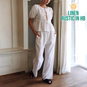 Summer Tie Front Top, Short Sleeve Linen Top, Women Shirt And Pants, Linen Trousers, Matching Set, 2 Piece Set, Loose Fit Linen, Women Pants