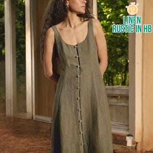 Loose Linen Summder Dress, Midi Women Dress, Button Down Dress, Long Dress, Sleeveless Dress, Minimalist Linen Dress, Boat Neck Flax Dress