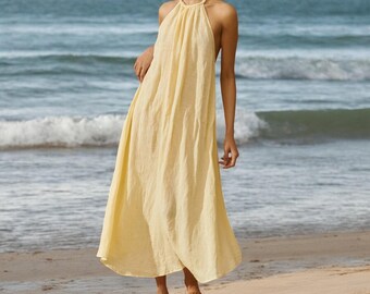 Linen Beach Dress, Halter Neck Dress, Tie Waist Dress, Women Midi Dress,  Loose Linen Dress, Backless Dress,sleeveless Dress,minimalist Dress - Etsy