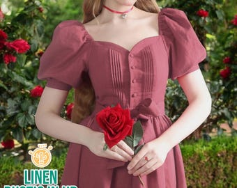 Cottagecore Linen Dress, Romantic Linen Dress, Summer Dress, Midi Dress, Short Puffy Sleeve Dress, Vintage Dress Women, Tie Waist Long Dress