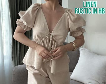 Linen Pajama Set, Short Sleeves Blouse, Summer Women Top, V Neck Shirt, Loose Linen Tip, Elastic Waist Pants, Wide Leg Trousers,Summer Pants