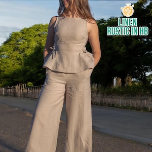 Linen Tie Top And Pants Set, Women Tank Top With Tie, Elastic Waist Pants, Summer Women Set, Summer Blouse, Wide Leg Trousers, Elegant Shirt