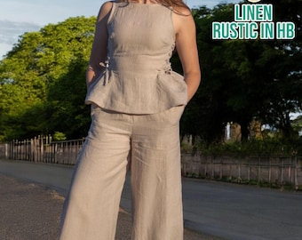 Linen Tie Top And Pants Set, Women Tank Top With Tie, Elastic Waist Pants, Summer Women Set, Summer Blouse, Wide Leg Trousers, Elegant Shirt