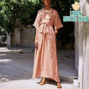 Summer Kimono Dress, 3/4 Sleeve Maxi Dress, Women Linen Dress, Linen Wrap Dress, Loose Dress With Pockets, Beach Dress, Tie Waist Sundress