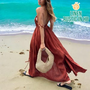 Backless Boho Linen Dress, Full Length Dress, Beach Dress, Split Dress, Open Back Dress, Greek Goddess Dress, Strappy Dress,Beach Long Dress