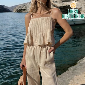 Leinen-Top und Pfannen, ärmelloses Tank Top, Frauen-Sommer-Set, Hose mit weitem Bein, Spaghetti-Träger-Top, Elastische Hose mit hoher Taille, Passendes Set