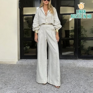 Women Shirt And Pants Set, Summer Linen Top, Long Sleeve Blouse, High Waist Trouser, Wide Leg Palazzo, Loose Linen Set, Women Workwear Linen