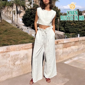 Leinen Crop Top und Kordelzughose, Sommer Leinen Tank Top, ärmelloses Crop Shirt, Hose mit weitem Bein, lockere Hose, Yogahose mit elastischer Taille