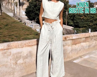 Linen Crop Top And Drawstring Pants, Summer Linen Tank Top, Sleeveless Crop Shirt, Wide Leg Pants, Loose Pants, Elastic Waist Yoga Trousers