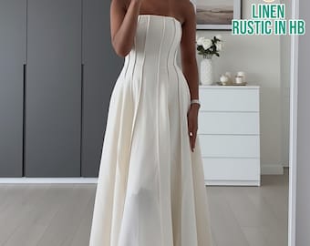 Elegant Evening Dress, Wedding Dress, Sleeveless Linen Maxi Dress, Bustier Dress, Dress With Pockets, Loose Fit Sundress, Night Party Dress