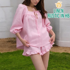Women Linen Pajama Set, Sleepwear Set, Bridal Pajamas, Bridesmaid Pajamas, Linen Top And Shorts, Summer Shirt,Loose Top Women,Bridesmaid Pjs