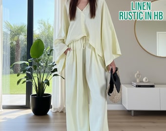 Loose Summer Long Sleeve Shirt And Pants, V-neck Linen Top Women, High Waist Elastic Waist Pants, Women Trousers, Relaxed Fit Top, Women Set