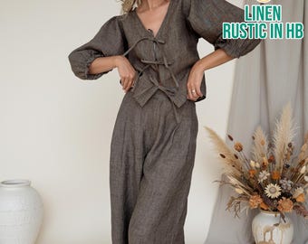 Linen Crop Top And Pants, Short-sleeve Blouse, High Waist Wide Leg Trousers, Tie Front Women Shirt, Summer Relax Fit Matching Two Piece Set
