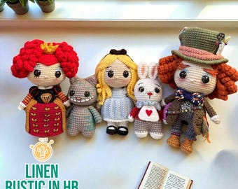 Alice In Wonderland Crochet Doll Set, Cheshire Cat Amigurumi Doll, White Rabbit Crochet Gifts, Alice, Red Queen Mad Cartoon Amigurumi Doll