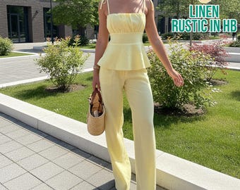 Linen Two-piece Set Top And Pants, Tie Straps Top, Bustier Tank Top And Pants, Casual Summer Set, Resort Outfit, Women Shirt And Trousers