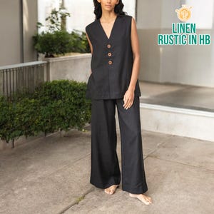 Women Linen Summer Set, Sleeveless Top, High Waisted Pants, Loose Linen Tank Top, Button Up Top, Wide Leg Trousers, Linen Blouse,Linen Shirt