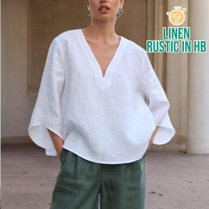 Linen Blouse, Handmade Top, Casual Women Shirt, Summer Blouse, V Neck Top, Long Sleeve Shirt, Oversized Tunic Top, Loose Fit Shirt Autumn