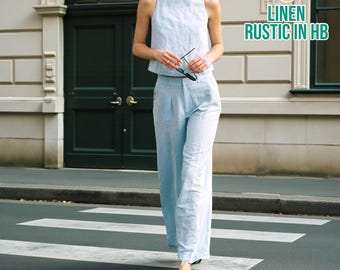 Linen Pants & Top, Sleeveless Tank Top, High Waist Trousers, Summer Two-piece Co-ord Set, Matching Set Clothing, Loose Fit Set, Relaxed Top