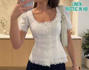 Summer Short Sleeve Top For Women, Button Front Top, Elegant Women Linen Shirt, Boat Neck Blouse, Top With Lace, Minimalist Top, Women Tee