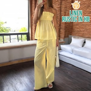 Sommer Leinen Set, ärmelloses Leinen Top, Hose mit weitem Bein, Leinen Lounge Set, Pyjama Set Frauen, lange Frauen Hose, Sommer Outfit, Strand Leinen Top