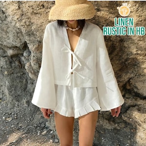 Summer Linen Top And Shorts Set, Long Sleeve Shirt, Tie Front Top, Women Blouse, Summer High Waist Shorts, Wide Shorts Women,Vacation Outfit