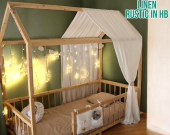 Linen Montessori Bed Canopy, Kids Bed Canopy, Montessori Bed Curtains, Kids Room Decor, House Bed Canopy, Stylish Children's Room, Play Tent
