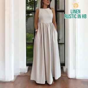 Minimalist Linen Dress, Women Maxi Full-length Dress, Tank Dress, Sleeveless Summer Dress, Flared Dress, Flowy Dress With Pockets,Long Dress