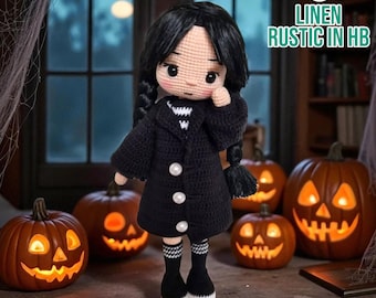 Wednesday Crochet Doll, Black Doll Amigurumi, Horror Movie Character Doll, Halloween Plush Toy, Halloween Gift,Vampire Crochet Doll Birthday